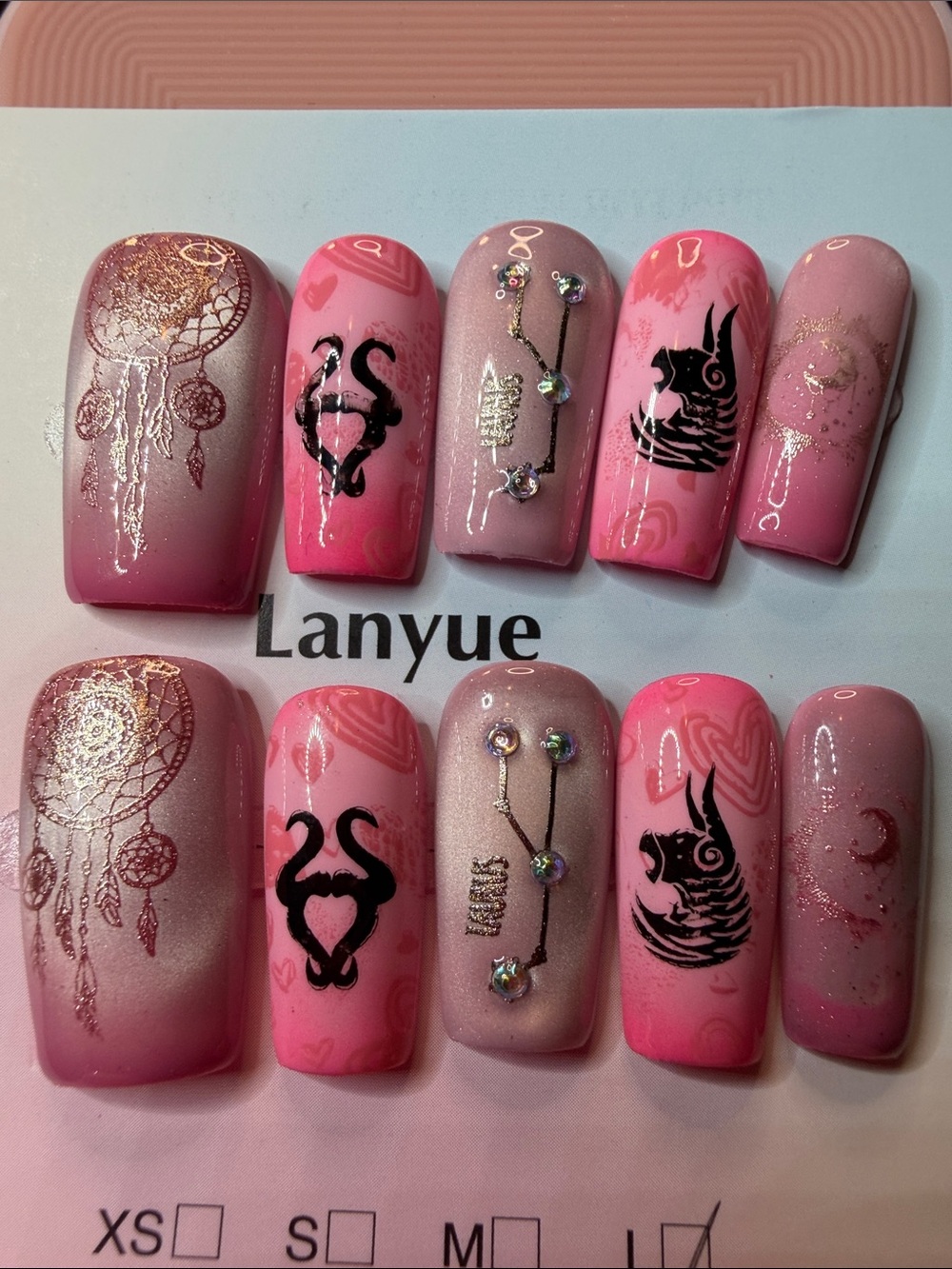Pink Ombre Press-On Nails with Dreamcatcher & Rhinestone Accents